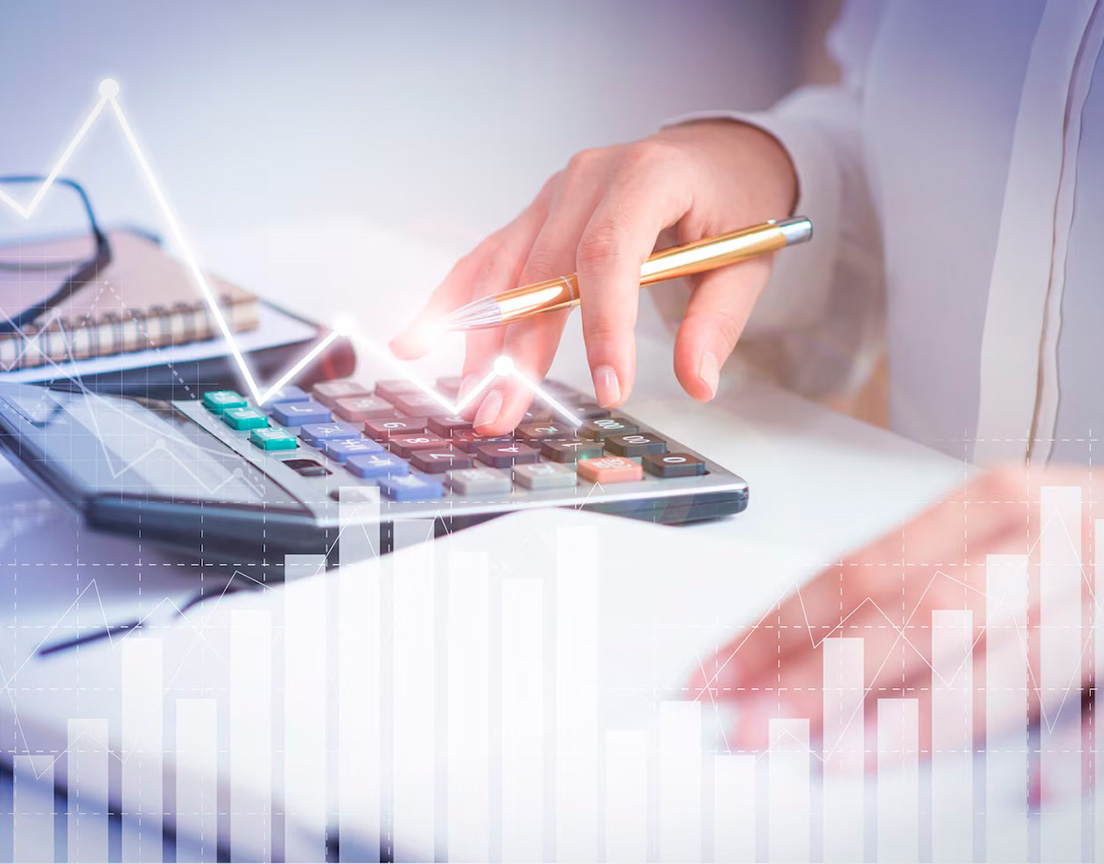 Análise financeira com calculadora e representação gráfica de indicadores.
